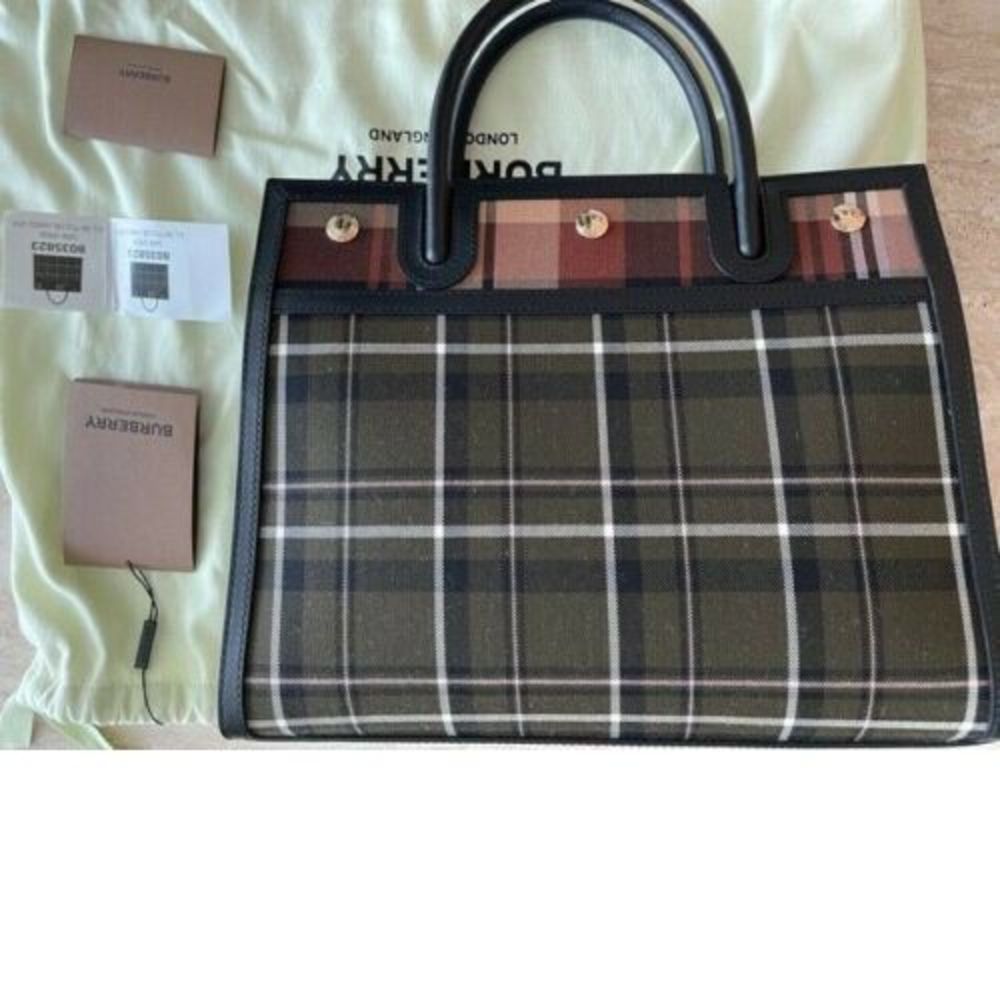 Burberry Bag Green Leather Two-handle Plaid Handbag TITLE Italy Brown Black NEW